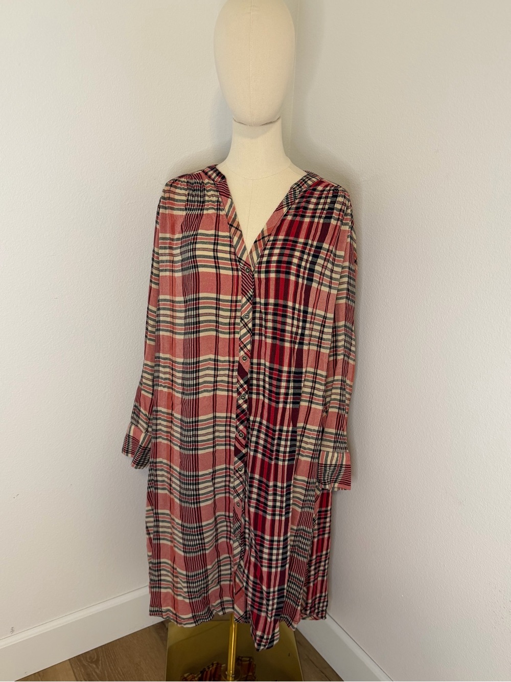 Free People Plaid Flannel Button Maxi Shirt Dress in Red & Tan Size Small